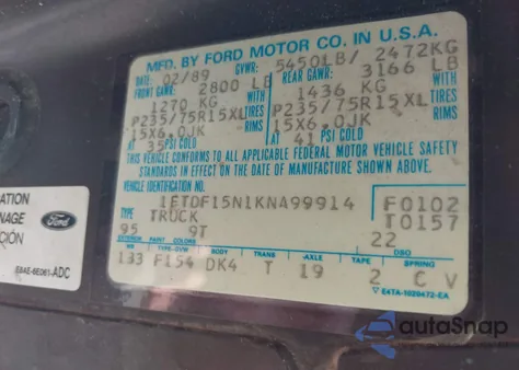 1989 Ford F150 z USA, uszkodzony, nr VIN 1FTDF15N1KNA99914